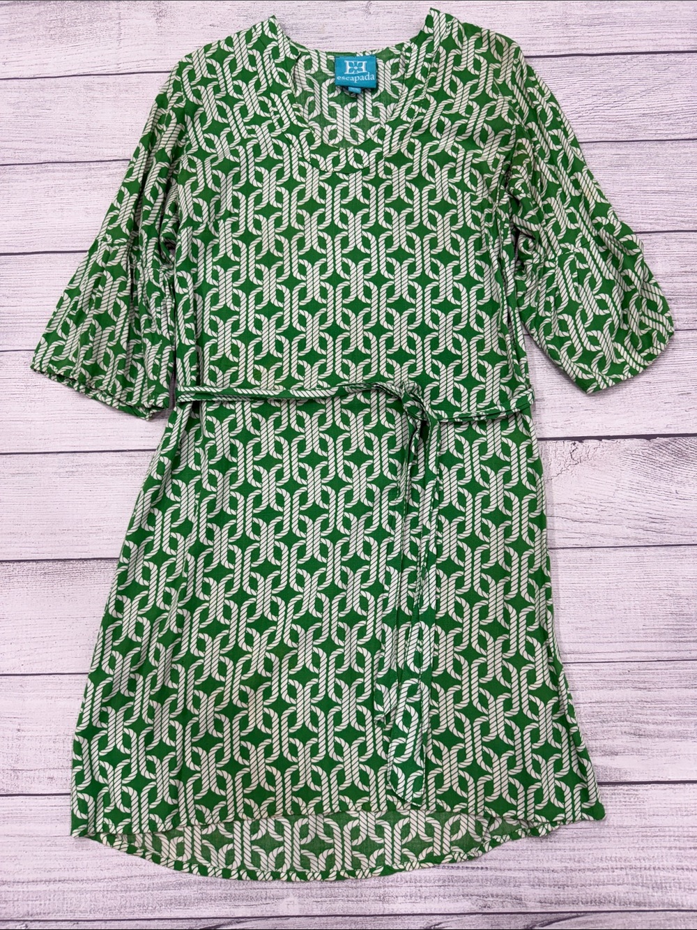 Escapada Green White Rope Print Bell Sleeve Shift Dress XS
